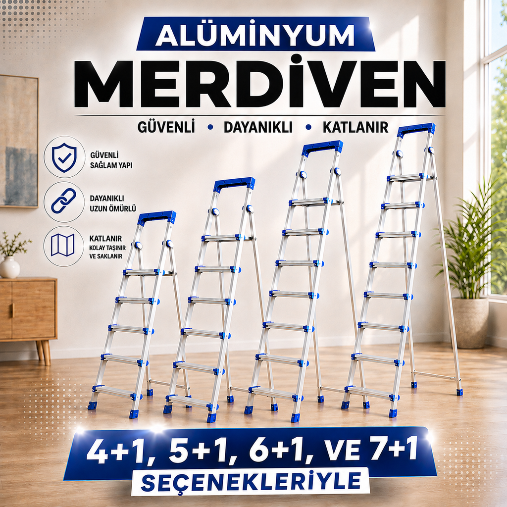 Perilla Alüminyum Katlanır Ev Tipi Merdiven 4+1, 5+1, 6+1 ve 7+1 Basamak Seçenekli