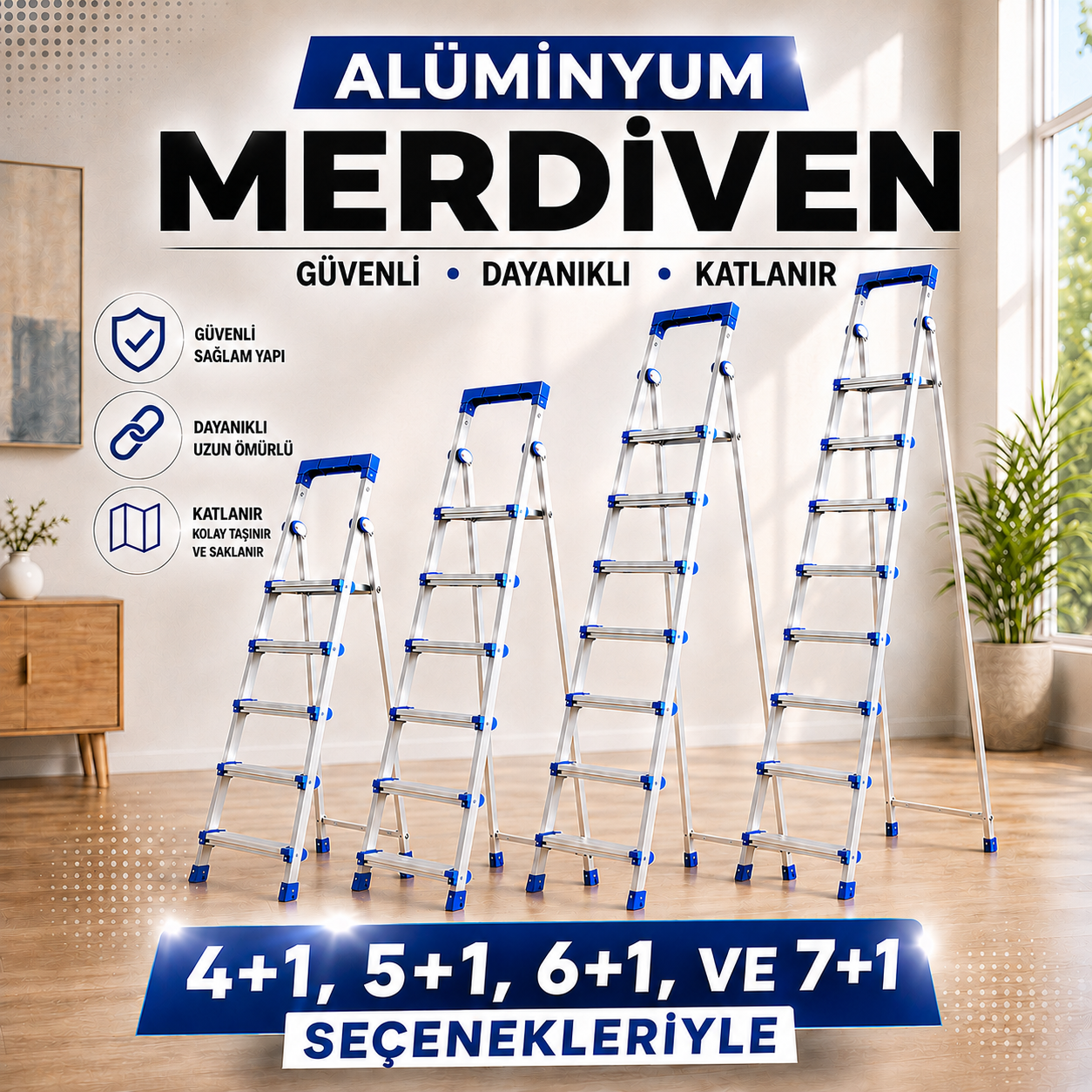 Perilla Alüminyum Katlanır Ev Tipi Merdiven 4+1, 5+1, 6+1 ve 7+1 Basamak Seçenekli