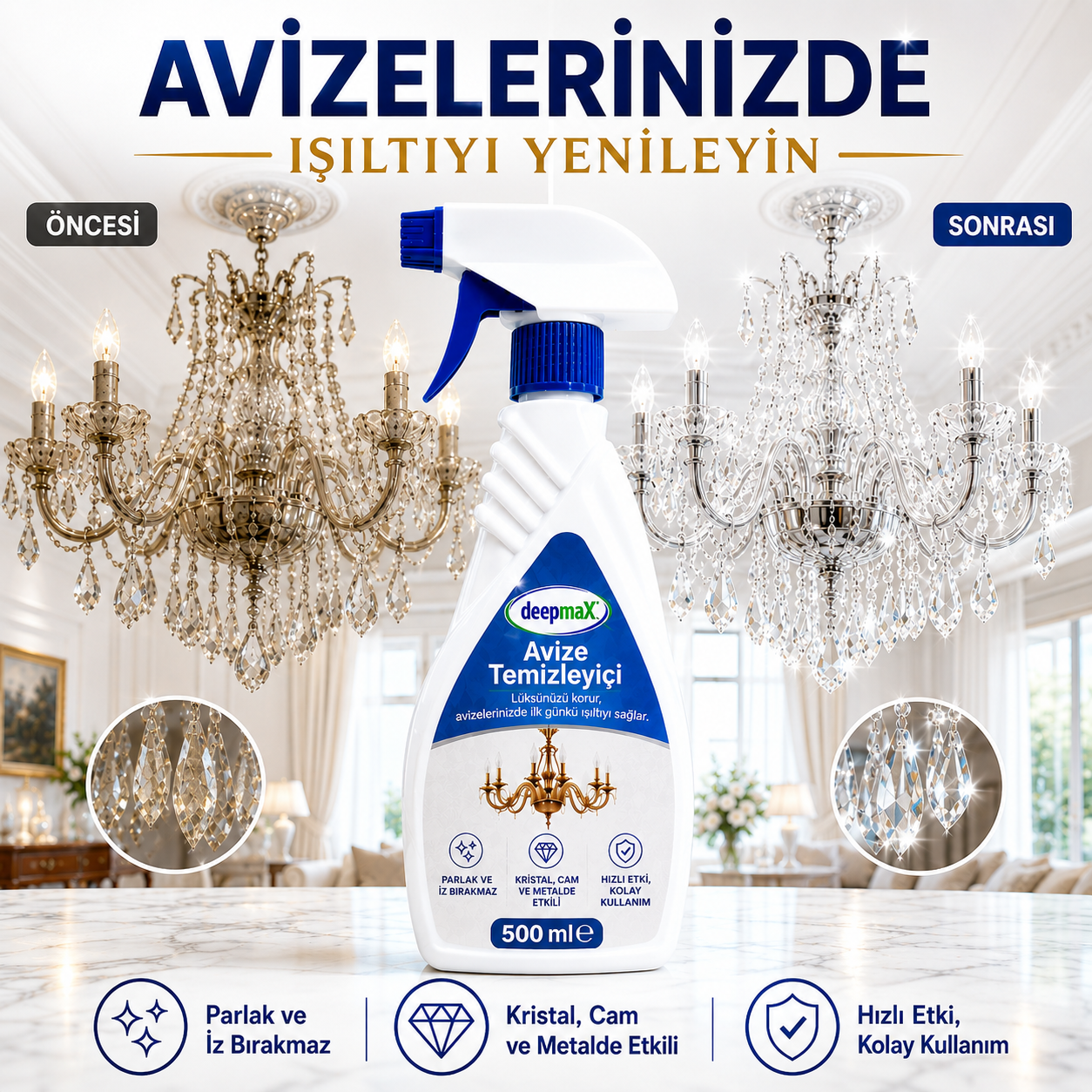 DEEPMAX PARLAKLIK VEREN AVİZE TEMİZLEYİCİ SPREY-500 ml