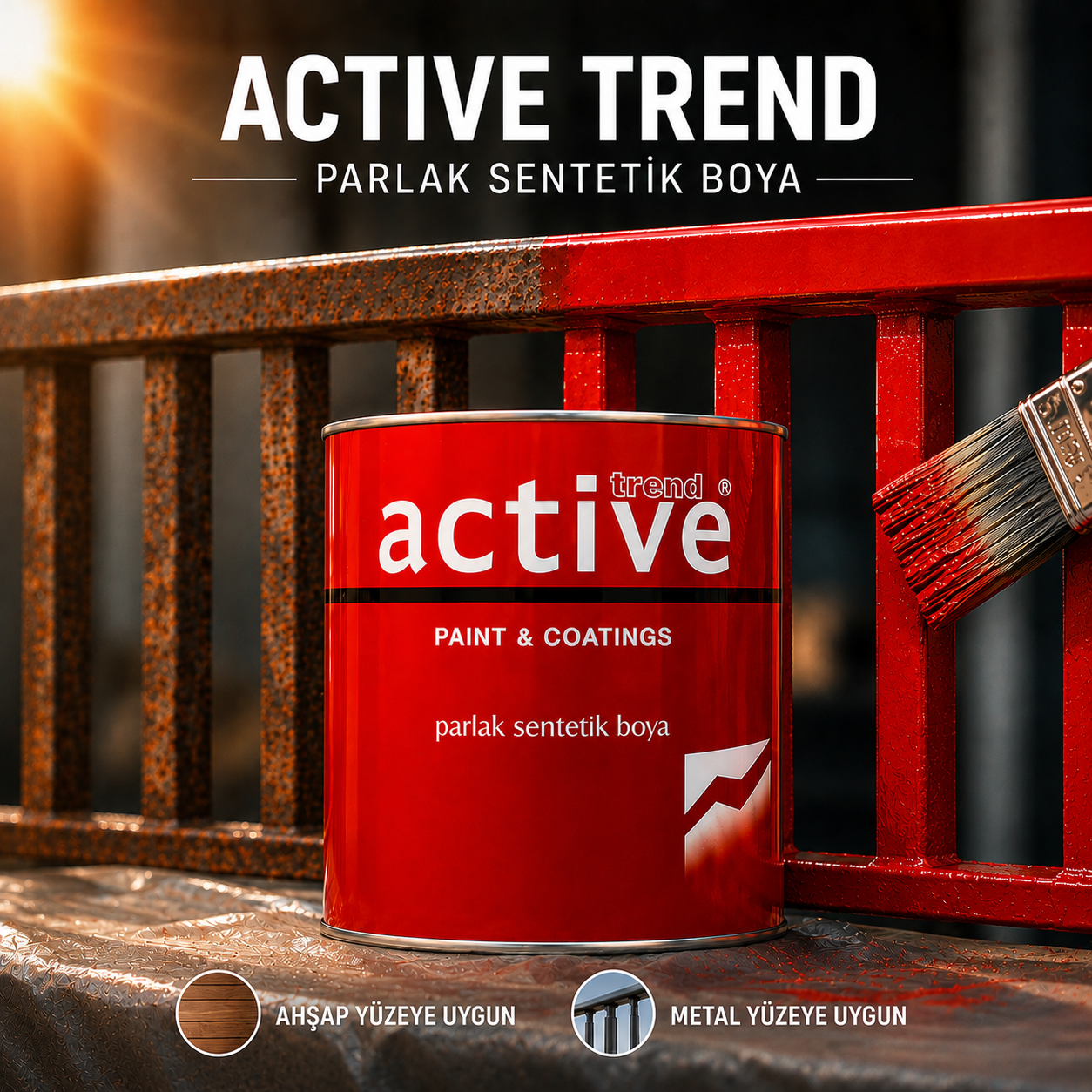 Active Multifonksiyonel Antipaslı Parlak Sentetik Boya – Astar & Son Kat Bir Arada, Ahşap ve Metal Yüzeyler İçin