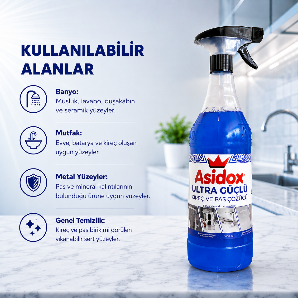 ASİDOX ULTRA GÜÇLÜ OVALAMA GEREKTİRMEYEN KİREÇ VE PAS ÇÖZÜCÜ-1000ml
