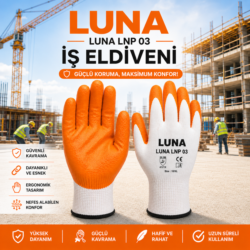 LUNA Profesyonel Turuncu Kaplamalı İş Eldiveni –  Toptan Paket