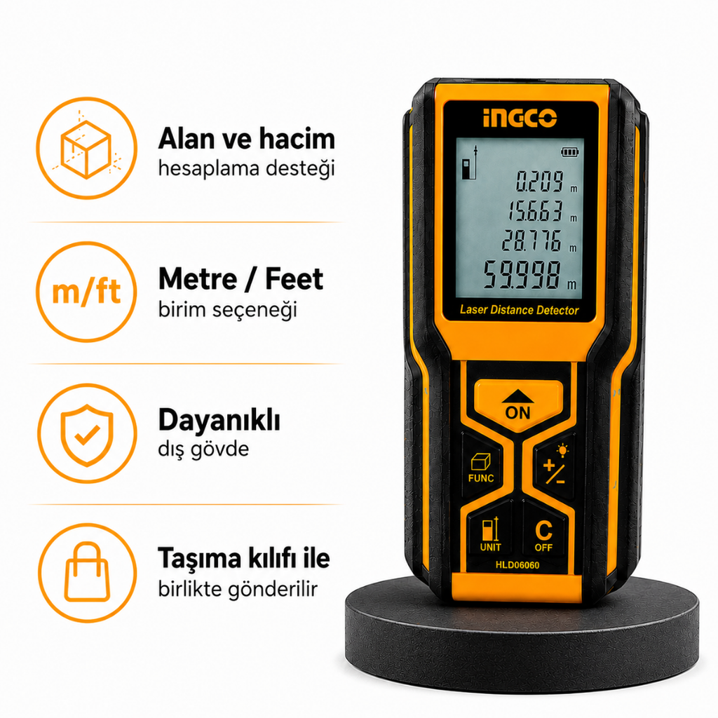 INGCO Lazer Mesafe Ölçer 60 Metre Dijital Mesafe Ölçüm Cihazı | Hassas Lazer Metre, LCD Ekran, Alan ve Hacim Hesaplama
