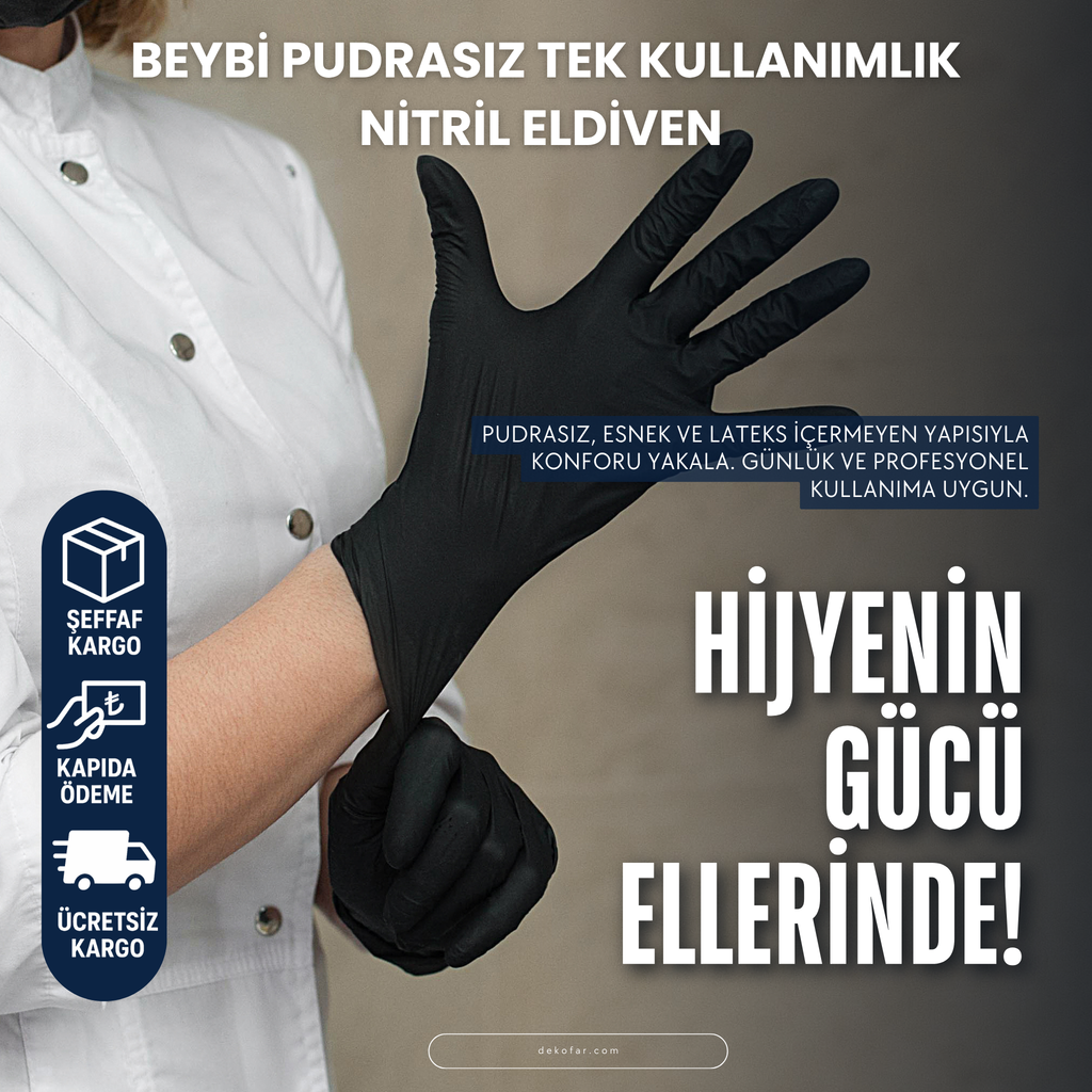 Beybi Pudrasız Tek Kullanımlık Nitril Eldiven (Latekssiz) – L, 100’lü
