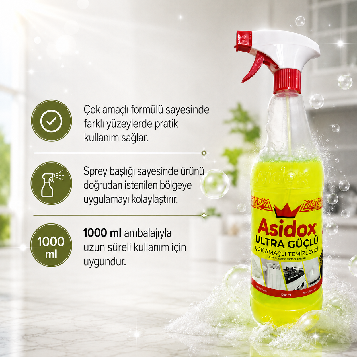 Asidox Ultra Güçlü 1000 ml Çok Amaçlı Temizlik Spreyi 1000ML