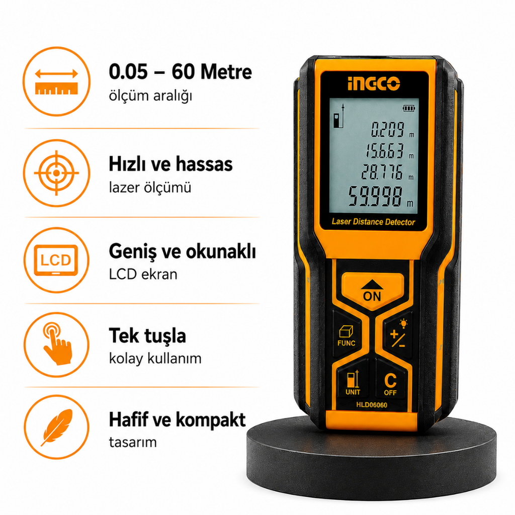 INGCO Lazer Mesafe Ölçer 60 Metre Dijital Mesafe Ölçüm Cihazı | Hassas Lazer Metre, LCD Ekran, Alan ve Hacim Hesaplama