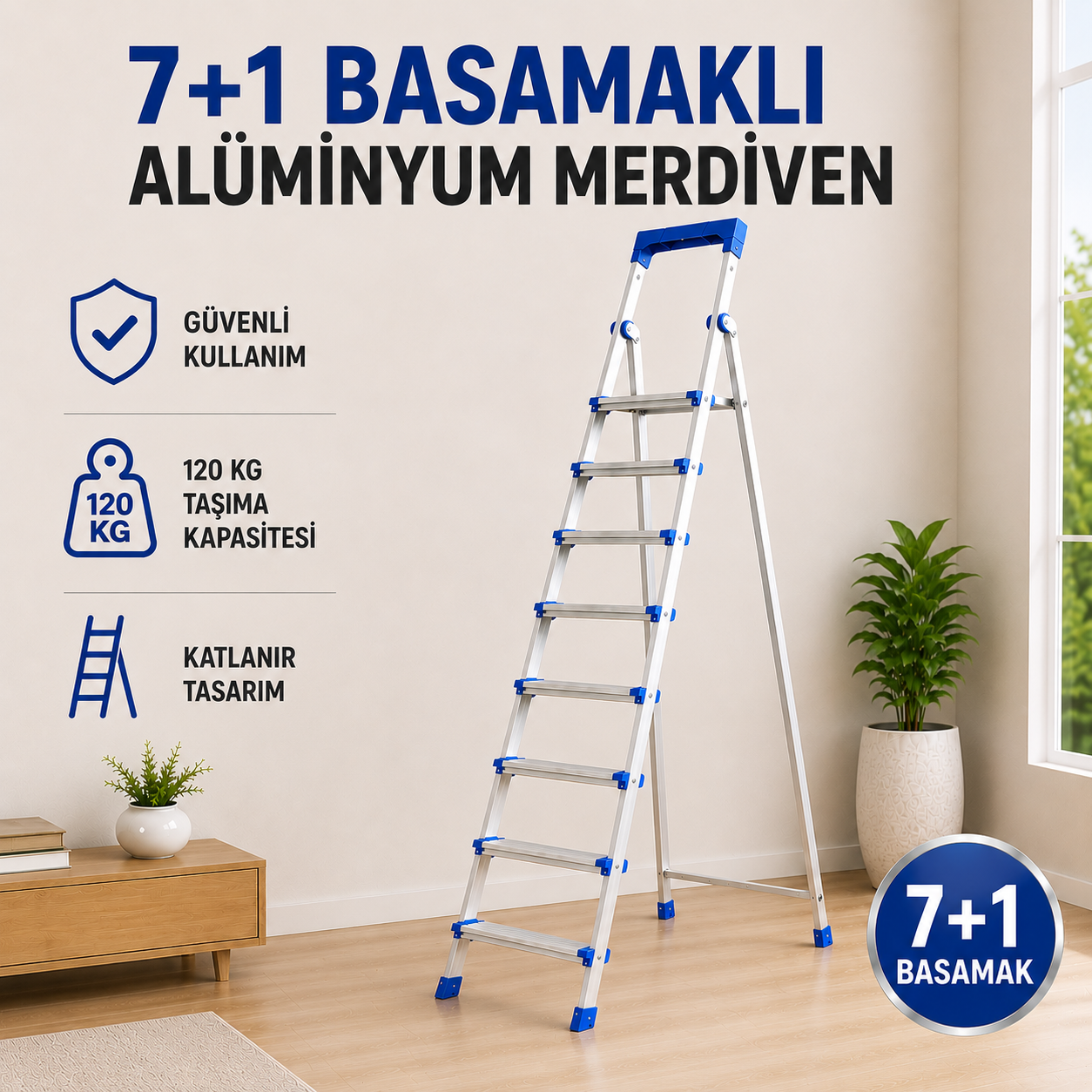 Perilla Alüminyum Katlanır Ev Tipi Merdiven 4+1, 5+1, 6+1 ve 7+1 Basamak Seçenekli