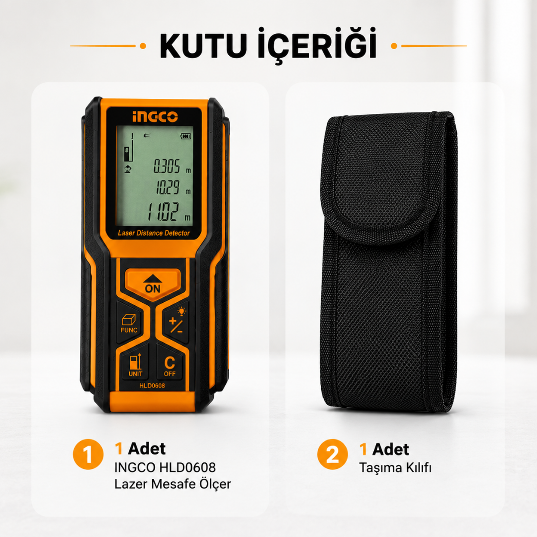 INGCO Lazer Mesafe Ölçer 60 Metre Dijital Mesafe Ölçüm Cihazı | Hassas Lazer Metre, LCD Ekran, Alan ve Hacim Hesaplama