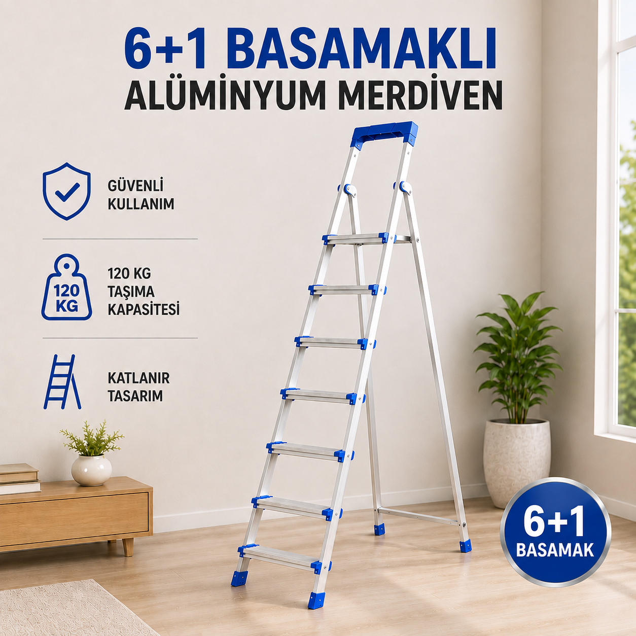 Perilla Alüminyum Katlanır Ev Tipi Merdiven 4+1, 5+1, 6+1 ve 7+1 Basamak Seçenekli