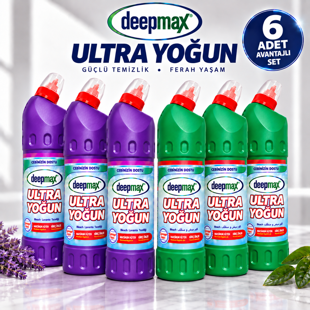 Ultra Yoğun Çamaşır Suyu 6’lı Avantaj Seti – 3 Lavanta Tazeliği + 3 Klasik, 810 Gr