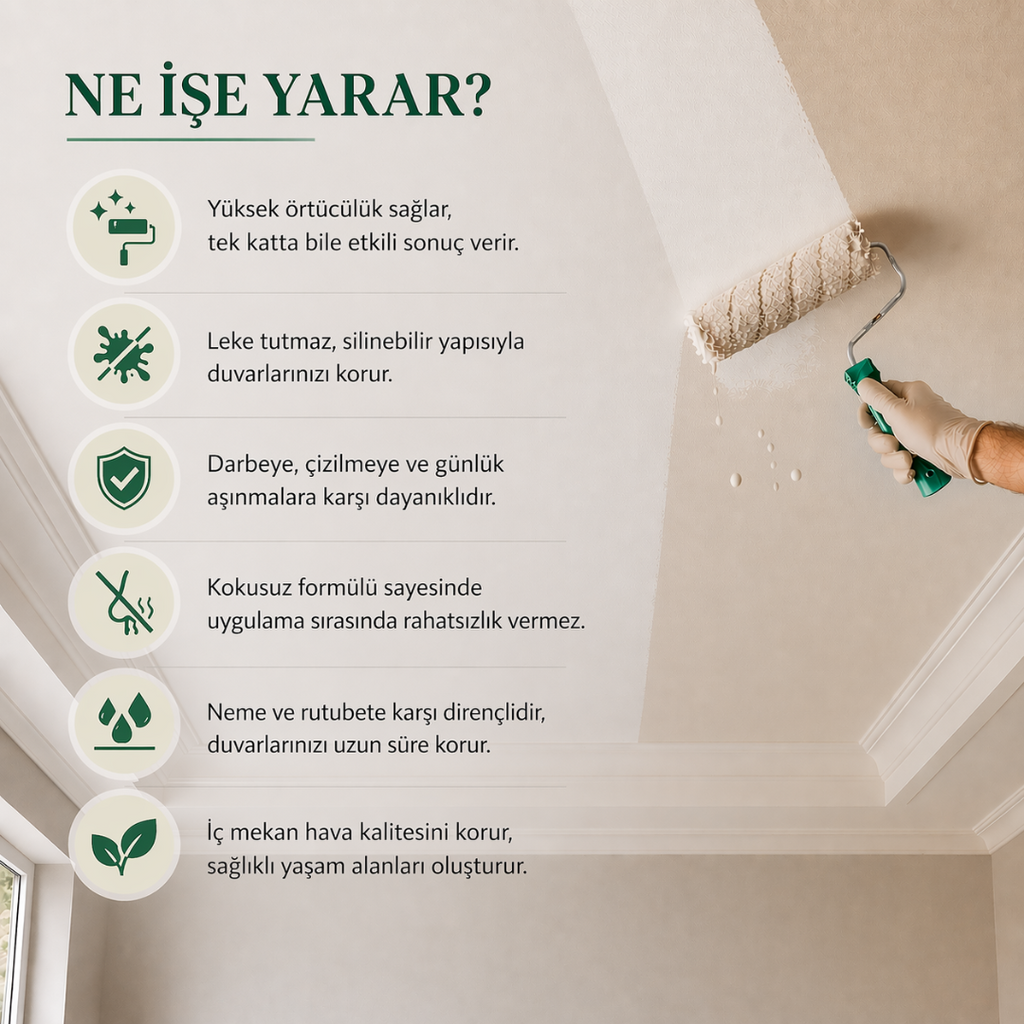 Active Özel Tavan Boyası – Mat Görünüm, Yüksek Kapatıcılık, Kokusuz İç Cephe Boyası