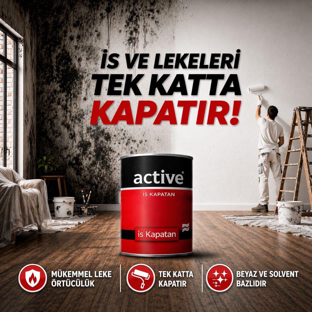 Active İs Kapatan Boya – Lekeli ve İsli Yüzeyleri Tek Katta Kapatan Beyaz Mat Boya