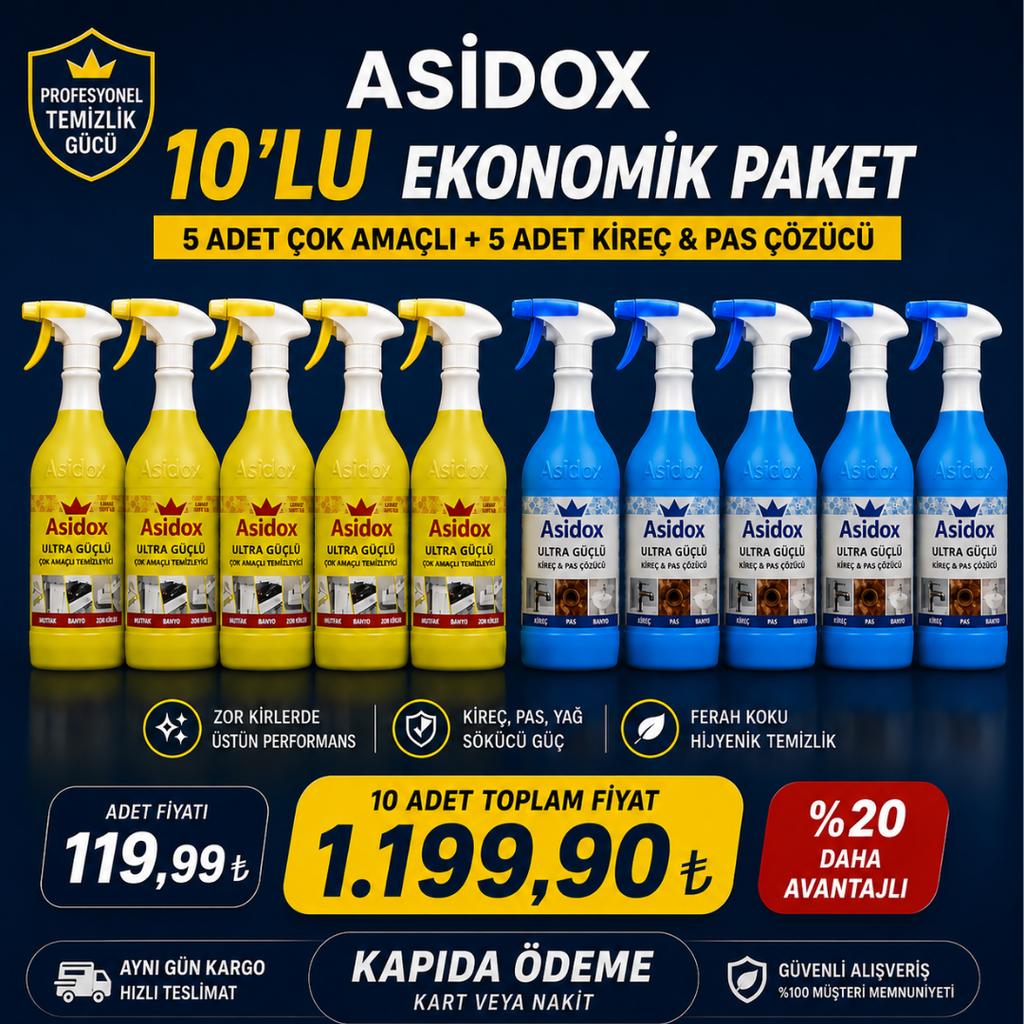 ASİDOX 10’lu Temizlik Seti (5 + 5) – Çok Amaçlı + Kireç & Pas Çözücü Ekonomik Paket