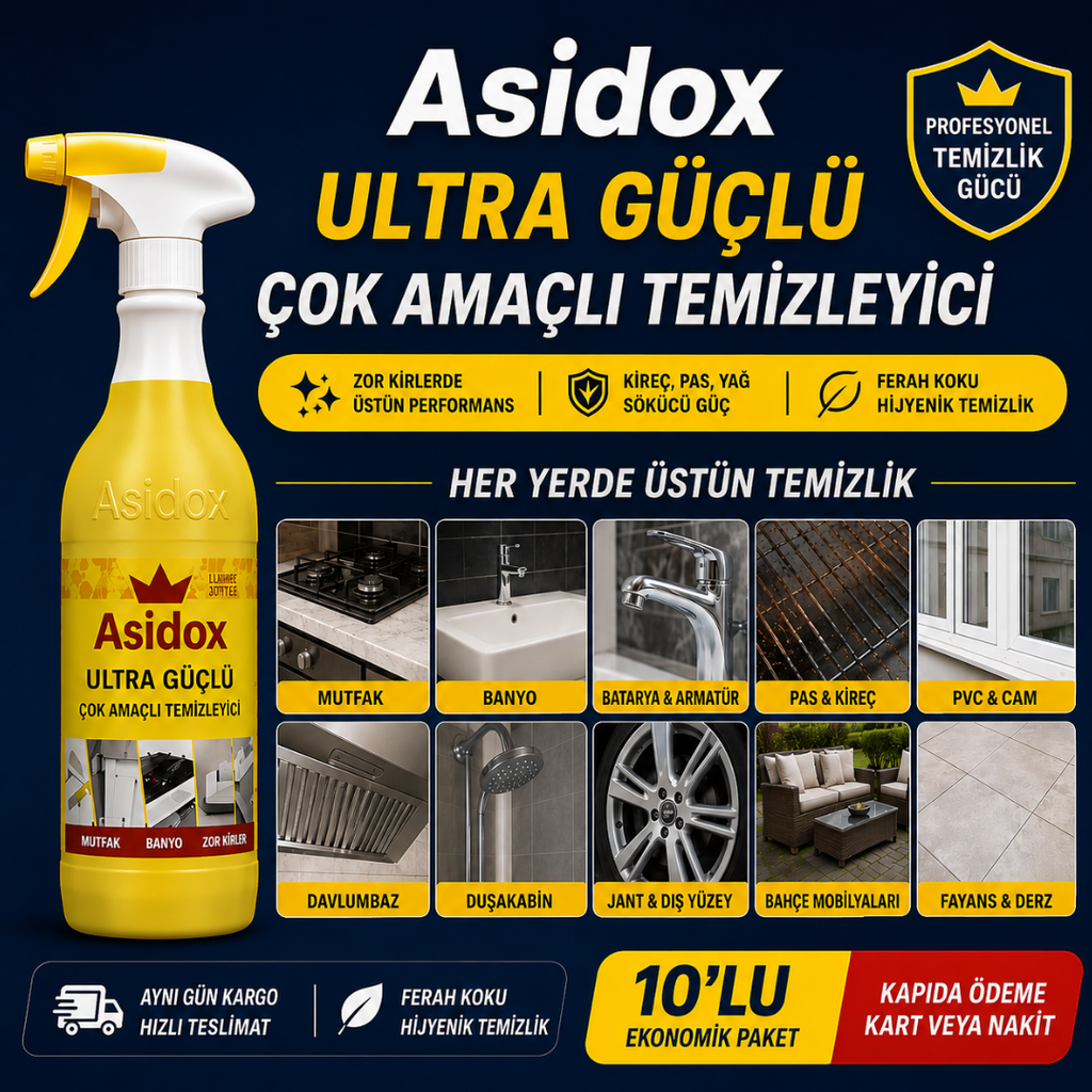 ASİDOX 10’lu Temizlik Seti (5 + 5) – Çok Amaçlı + Kireç & Pas Çözücü Ekonomik Paket