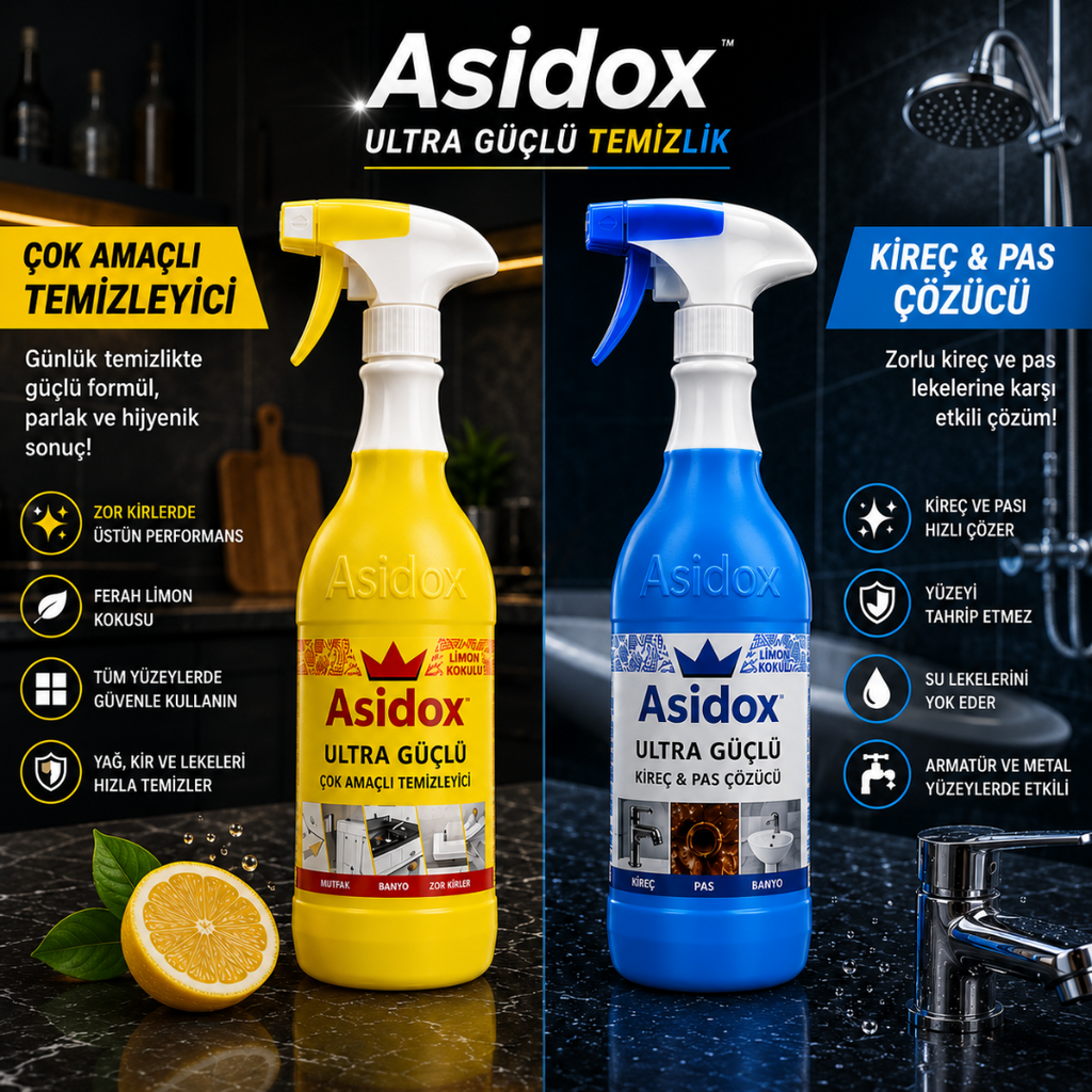 ASİDOX 10’lu Temizlik Seti (5 + 5) – Çok Amaçlı + Kireç & Pas Çözücü Ekonomik Paket