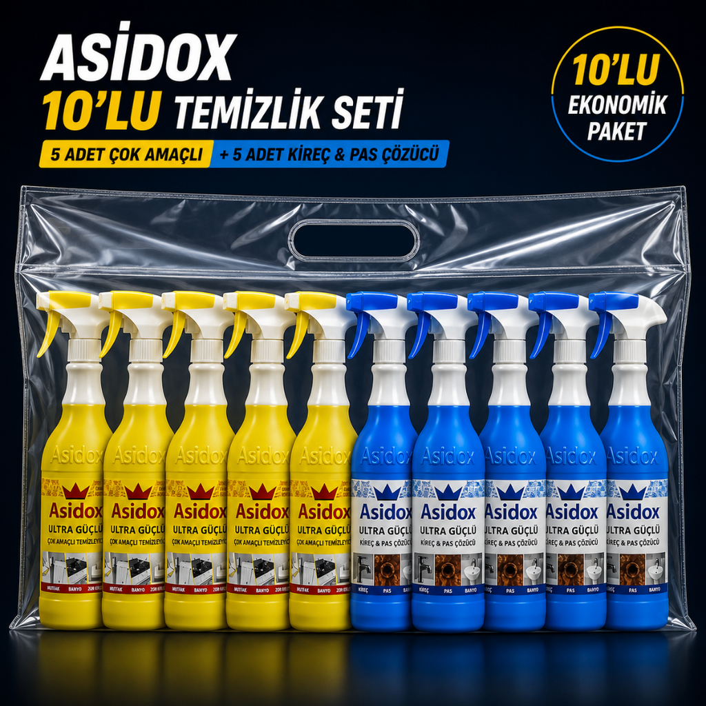ASİDOX 10’lu Temizlik Seti (5 + 5) – Çok Amaçlı + Kireç & Pas Çözücü Ekonomik Paket