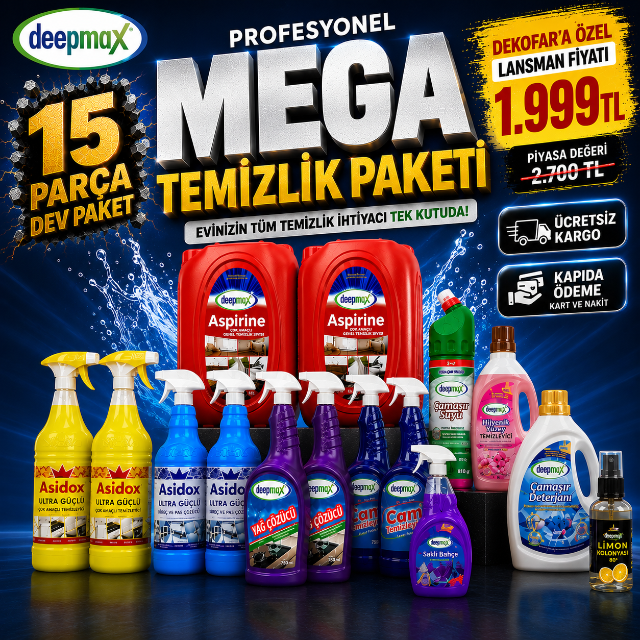 Deepmax 15 Parça Profesyonel Mega Temizlik Paketi  | Mutfak, Banyo ve Genel Temizlik Paketi