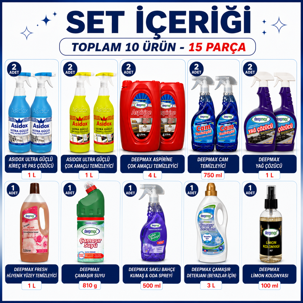 Deepmax 15 Parça Profesyonel Mega Temizlik Paketi  | Mutfak, Banyo ve Genel Temizlik Paketi