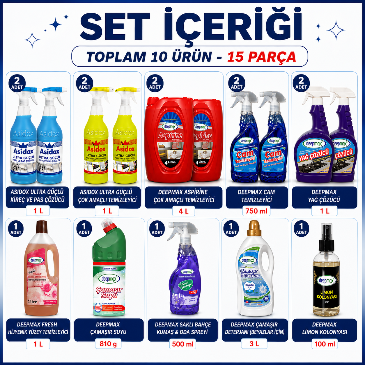Deepmax 15 Parça Profesyonel Mega Temizlik Paketi  | Mutfak, Banyo ve Genel Temizlik Paketi