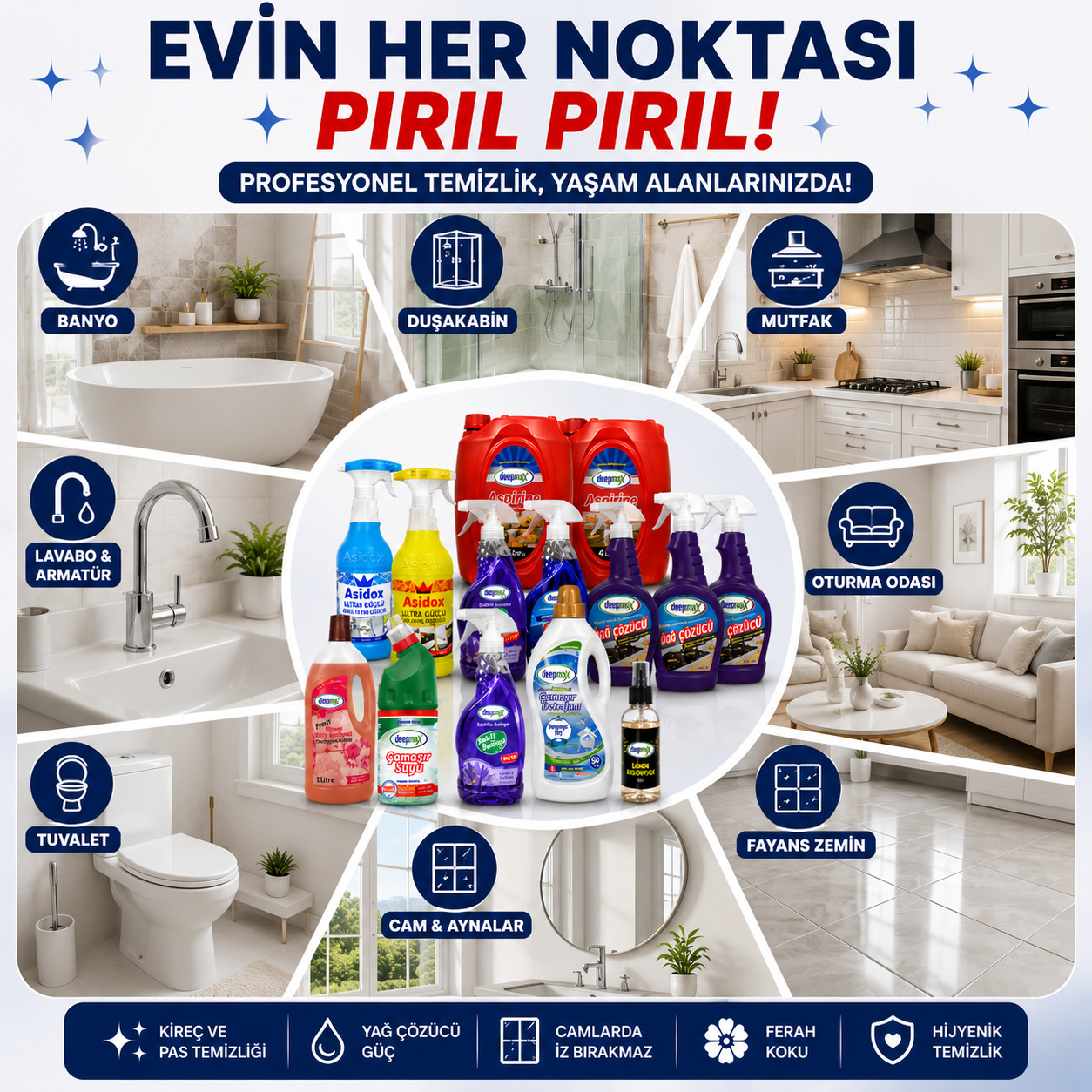 Deepmax 15 Parça Profesyonel Mega Temizlik Paketi  | Mutfak, Banyo ve Genel Temizlik Paketi