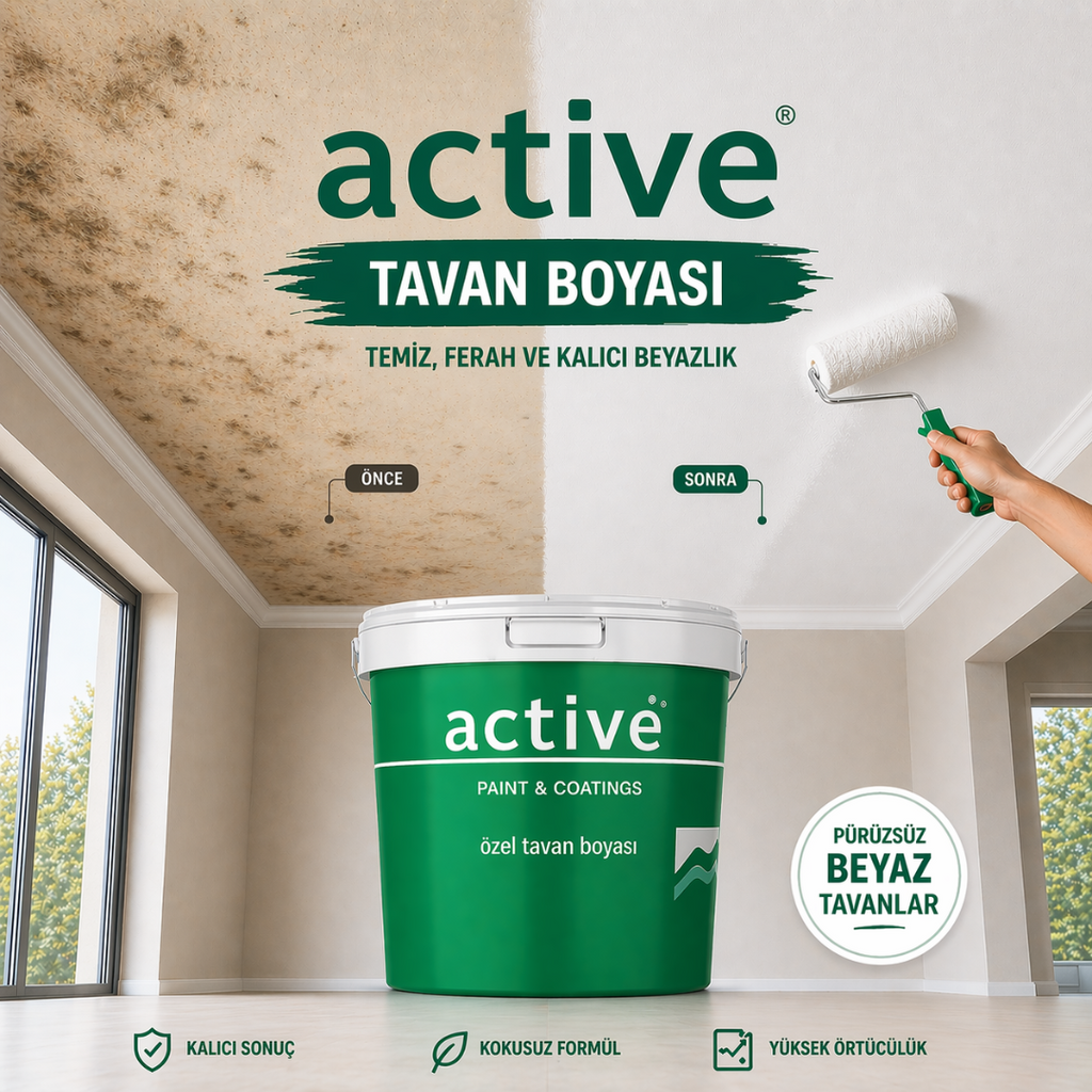 Active Özel Tavan Boyası – Mat Görünüm, Yüksek Kapatıcılık, Kokusuz İç Cephe Boyası