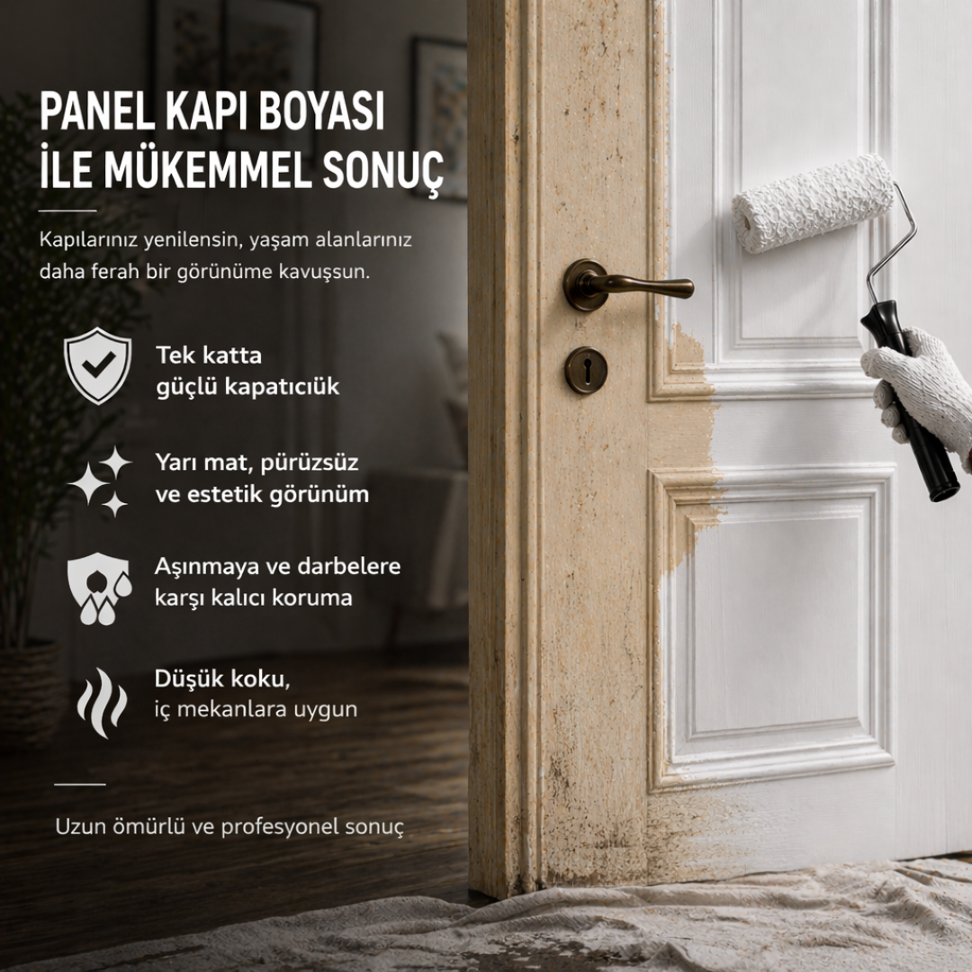 Panel Kapı Boyası – Yüksek Örtücülük Sağlayan Kokusuz Su Bazlı Panel Kapı Boyası - Beyaz Renk
