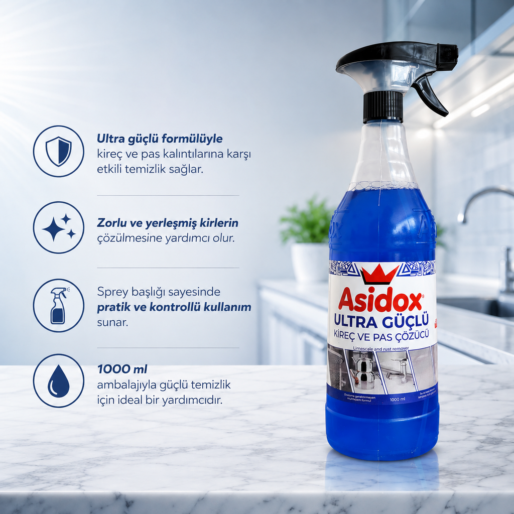 ASİDOX ULTRA GÜÇLÜ OVALAMA GEREKTİRMEYEN KİREÇ VE PAS ÇÖZÜCÜ-1000ml