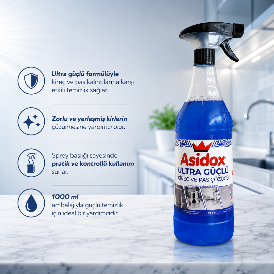 ASİDOX ULTRA GÜÇLÜ OVALAMA GEREKTİRMEYEN KİREÇ VE PAS ÇÖZÜCÜ-1000ml