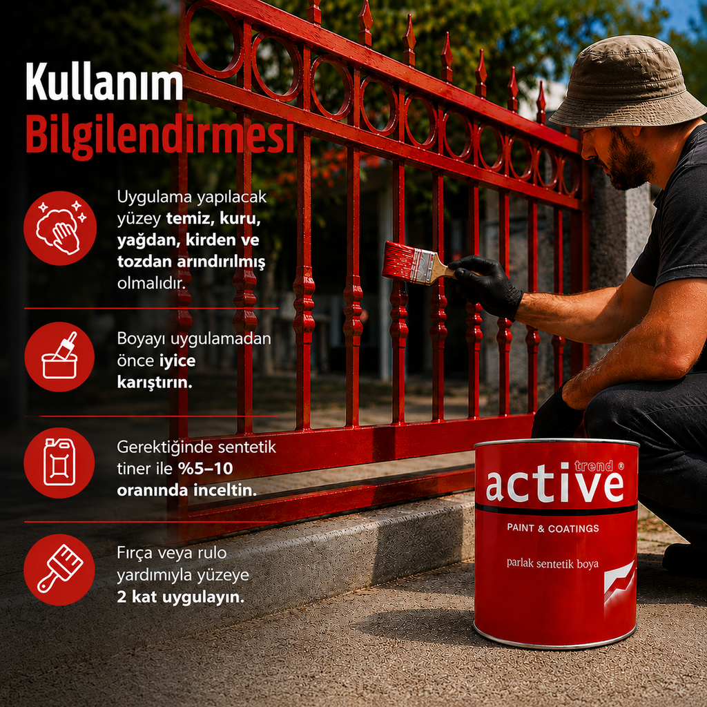 Active Multifonksiyonel Antipaslı Parlak Sentetik Boya – Astar & Son Kat Bir Arada, Ahşap ve Metal Yüzeyler İçin