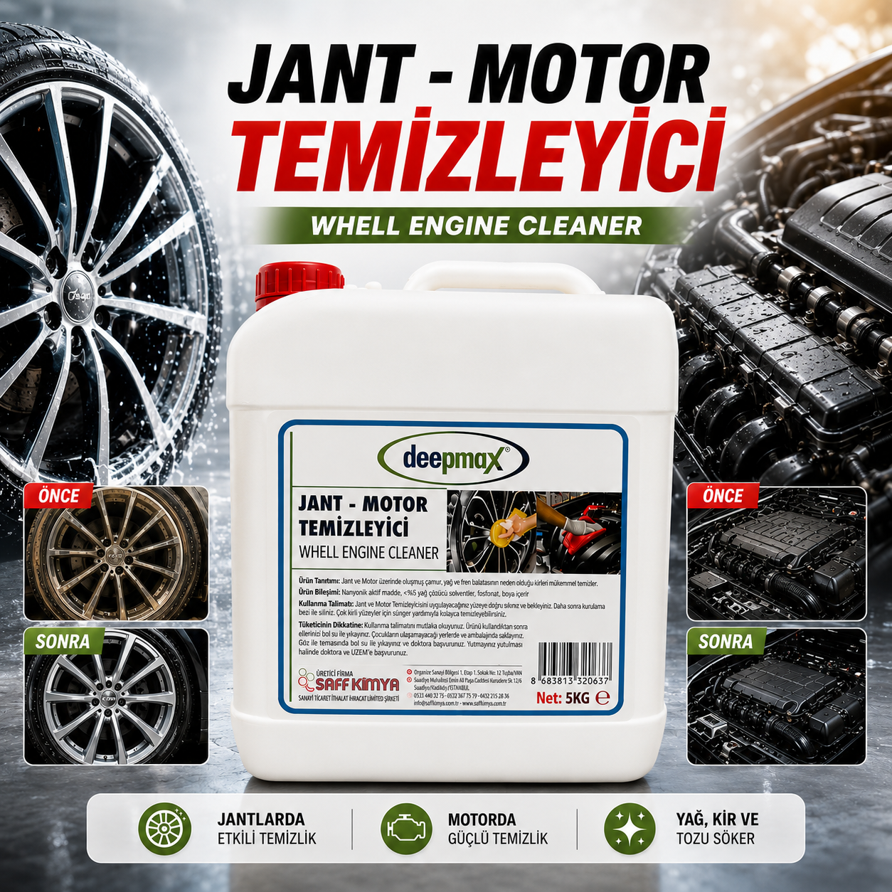 PROFESYONEL JANT & MOTOR TEMİZLEYİCİ Yağ • Fren Tozu • Yol Kirine Güçlü Etki - 5Kg