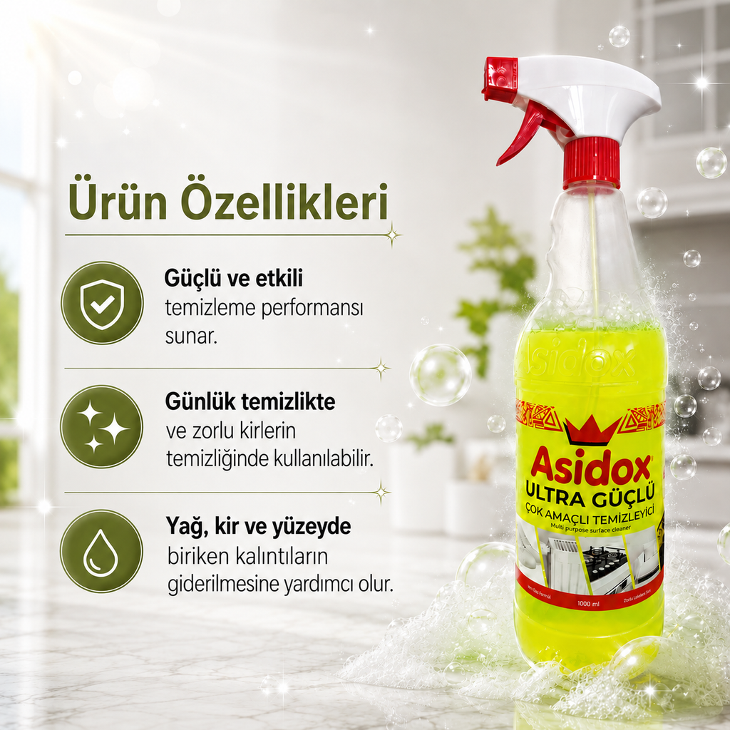 Asidox Ultra Güçlü 1000 ml Çok Amaçlı Temizlik Spreyi 1000ML