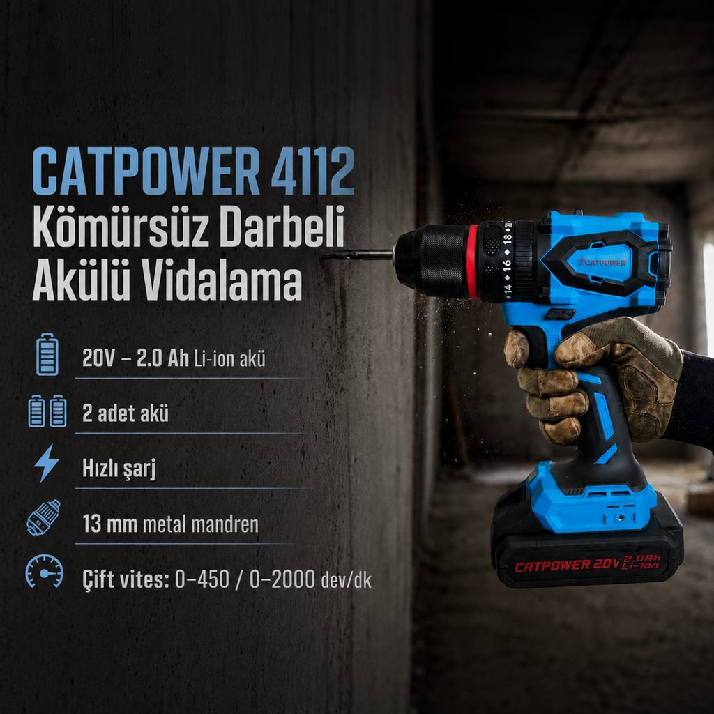CATPOWER 4112 Kömürsüz Darbeli Akülü Vidalama 20V – 50 Nm, Çift Akülü, 50 Parça Aksesuar Seti