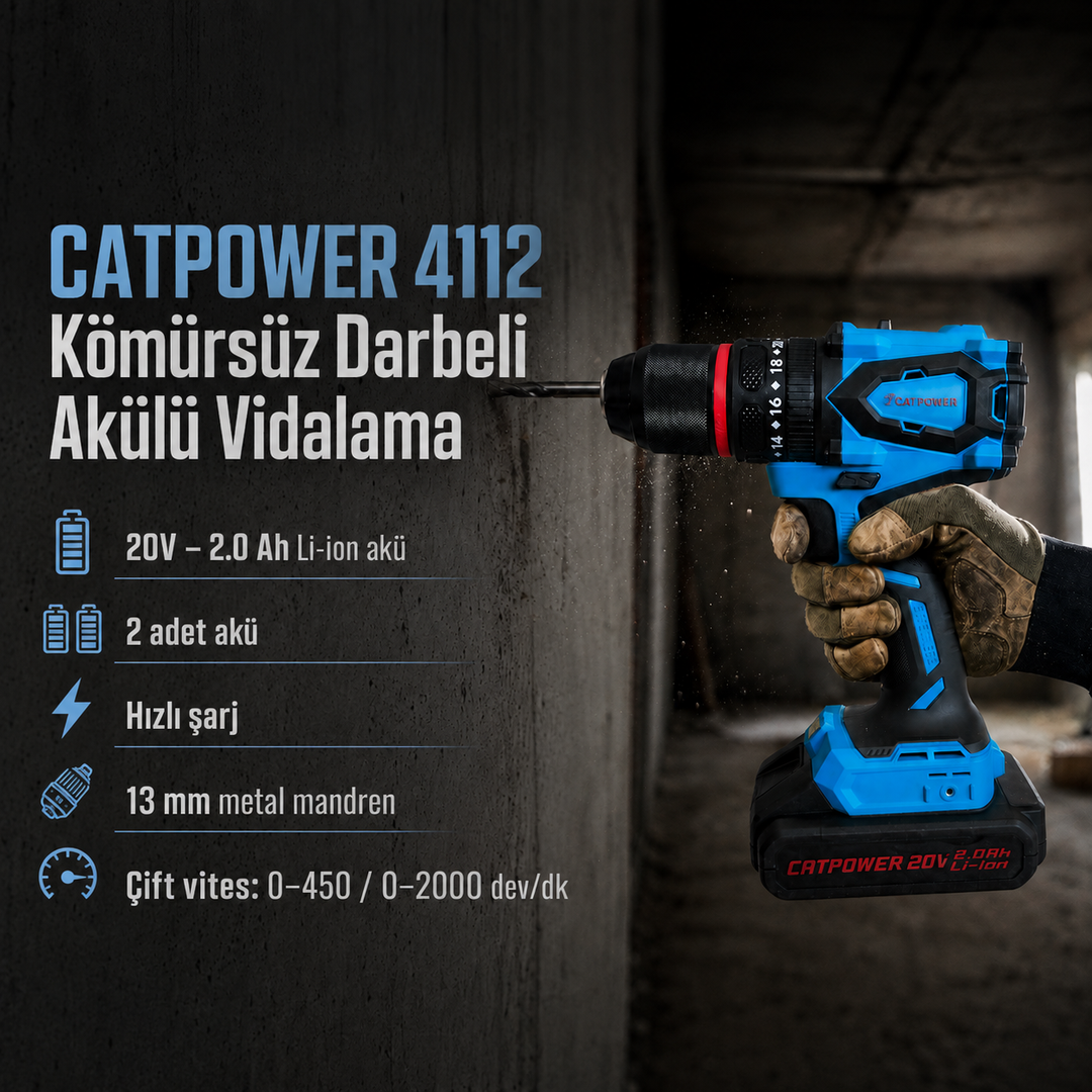 CATPOWER 4112 Kömürsüz Darbeli Akülü Vidalama 20V – 50 Nm, Çift Akülü, 50 Parça Aksesuar Seti