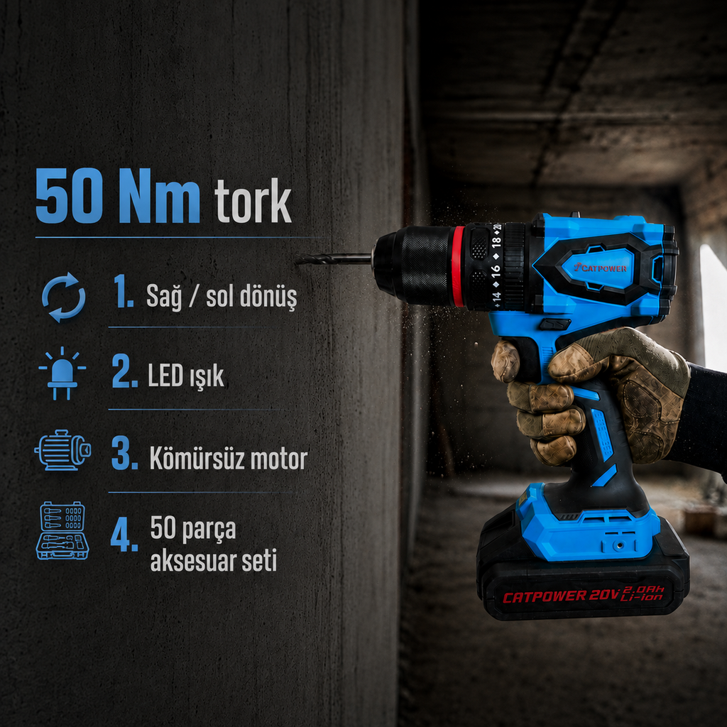 CATPOWER 4112 Kömürsüz Darbeli Akülü Vidalama 20V – 50 Nm, Çift Akülü, 50 Parça Aksesuar Seti