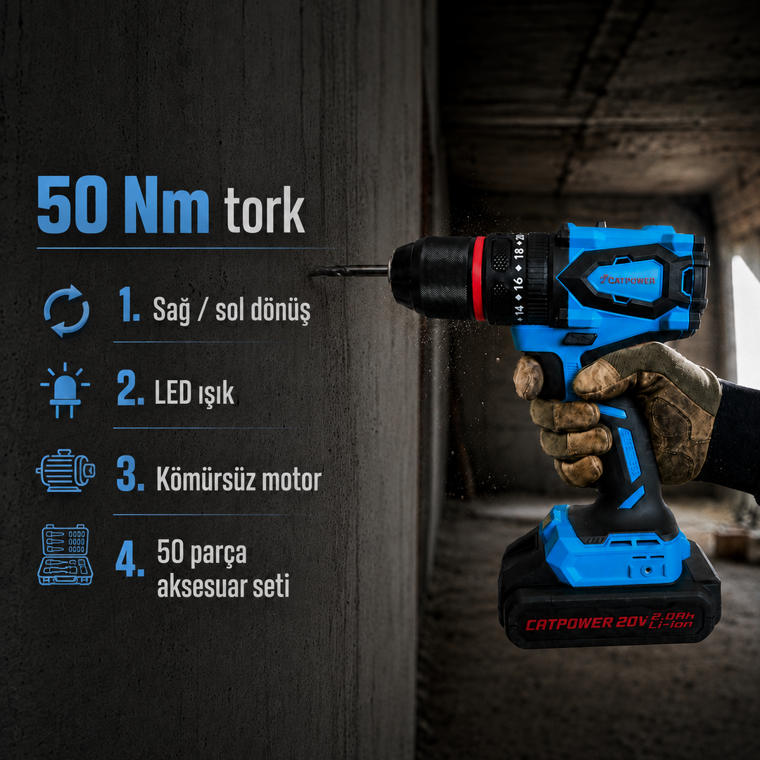 CATPOWER 4112 Kömürsüz Darbeli Akülü Vidalama 20V – 50 Nm, Çift Akülü, 50 Parça Aksesuar Seti