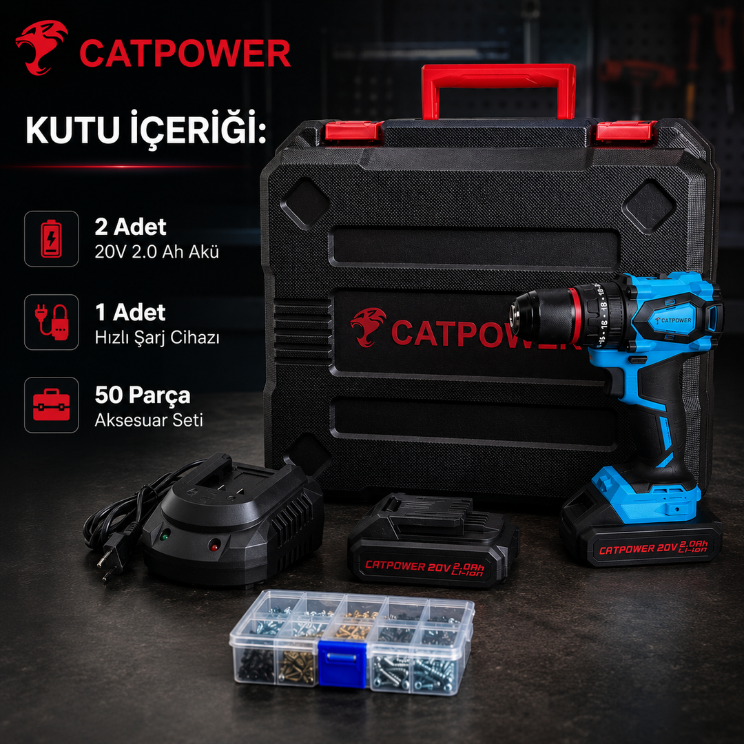 CATPOWER 4112 Kömürsüz Darbeli Akülü Vidalama 20V – 50 Nm, Çift Akülü, 50 Parça Aksesuar Seti