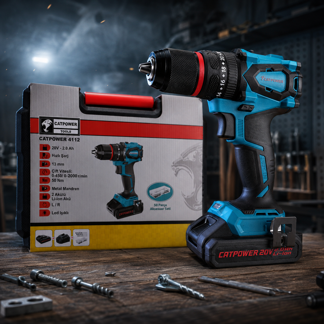 CATPOWER 4112 Kömürsüz Darbeli Akülü Vidalama 20V – 50 Nm, Çift Akülü, 50 Parça Aksesuar Seti