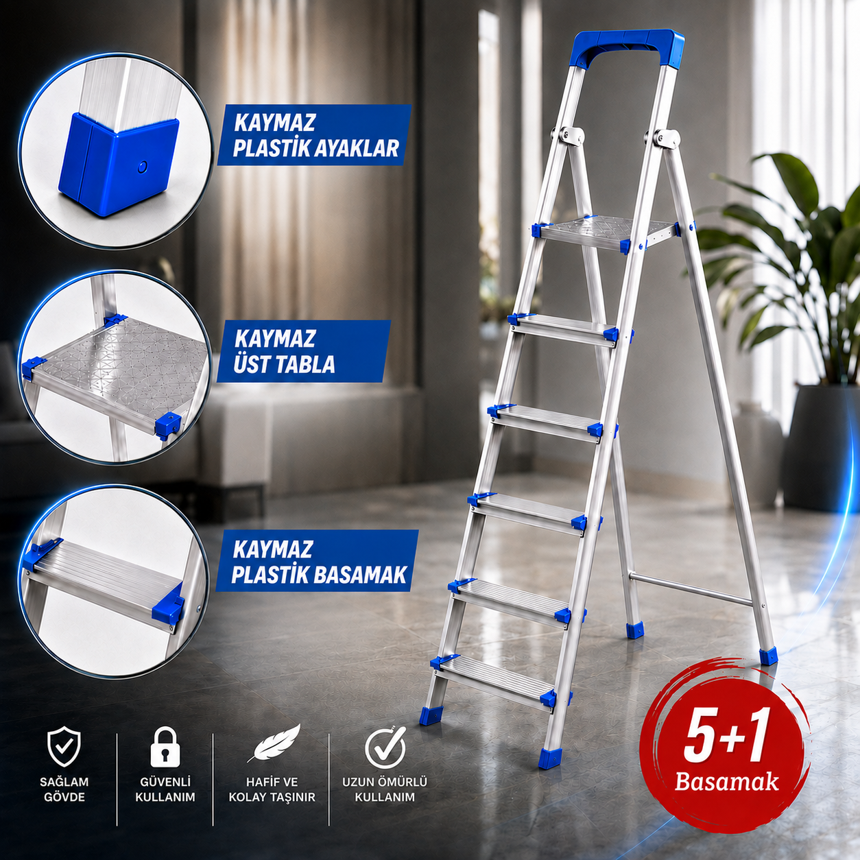 Perilla Alüminyum Katlanır Ev Tipi Merdiven 4+1, 5+1, 6+1 ve 7+1 Basamak Seçenekli