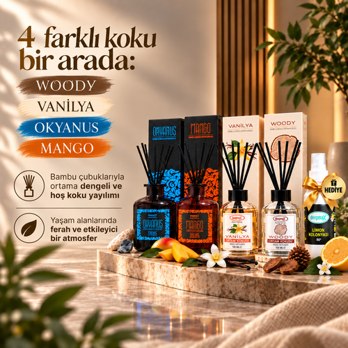 4’lü Bambu Çubuklu Ortam Kokusu Seti – 100 ml Limon Kolonyası Hediye