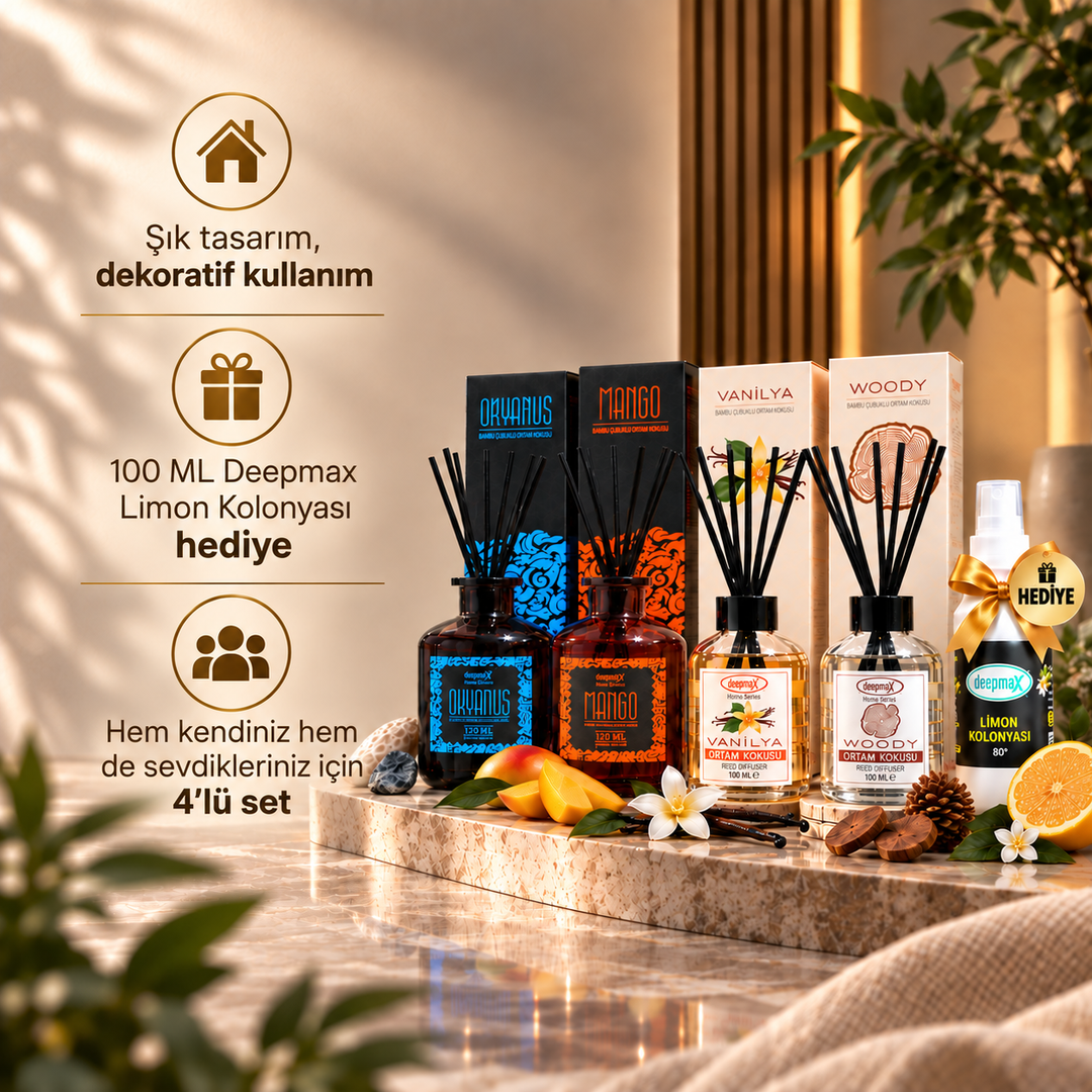 4’lü Bambu Çubuklu Ortam Kokusu Seti – 100 ml Limon Kolonyası Hediye