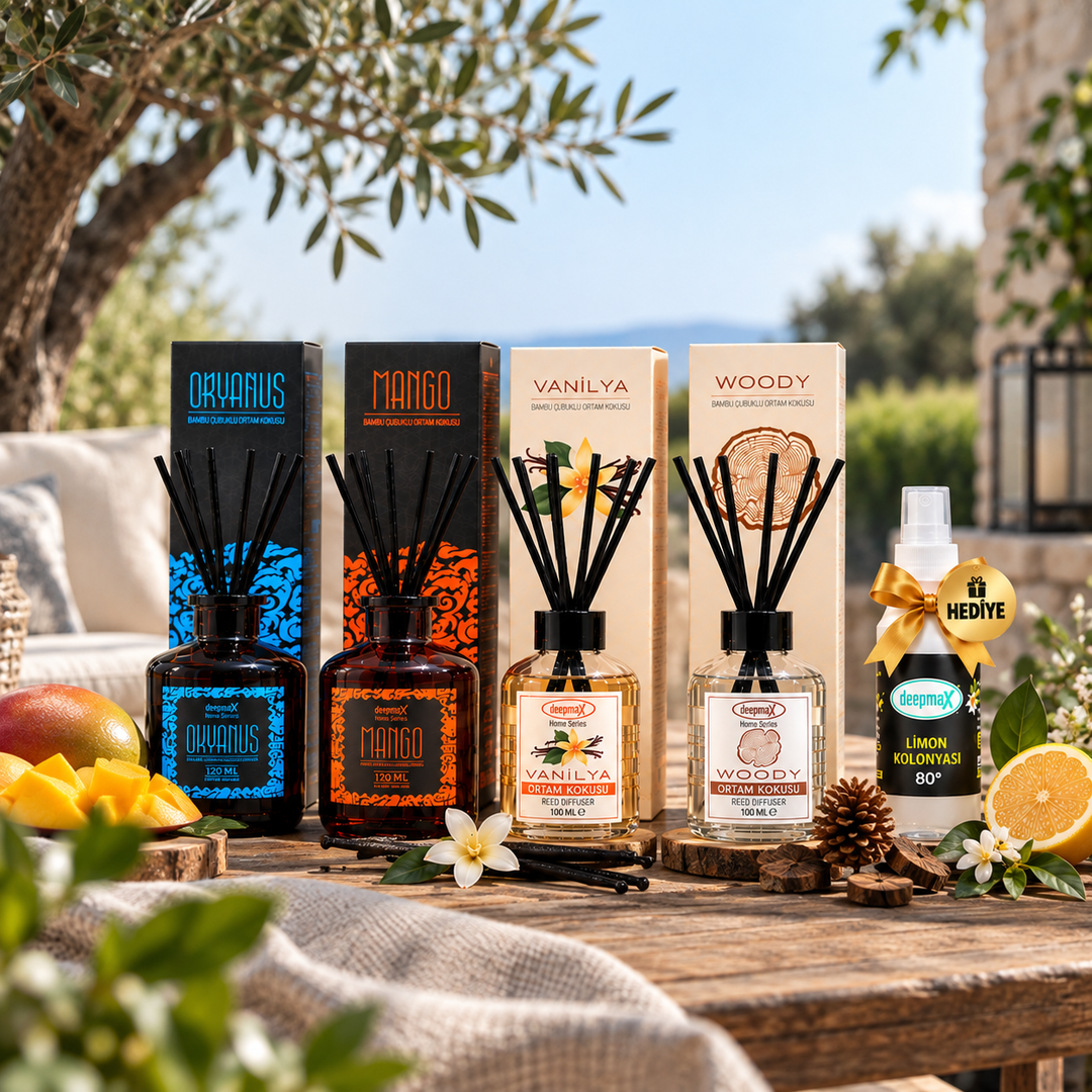 4’lü Bambu Çubuklu Ortam Kokusu Seti – 100 ml Limon Kolonyası Hediye