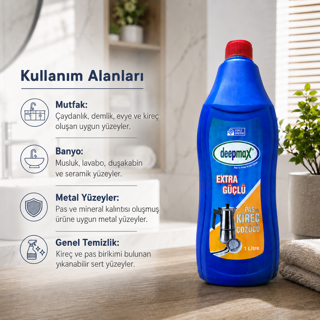 DEEPMAX EXTRA GÜÇLÜ PAS VE KİREÇ ÇÖZÜCÜ 1 L – ZORLU KİREÇ VE PAS KALINTILARINA KARŞI GÜÇLÜ TEMİZLİK
