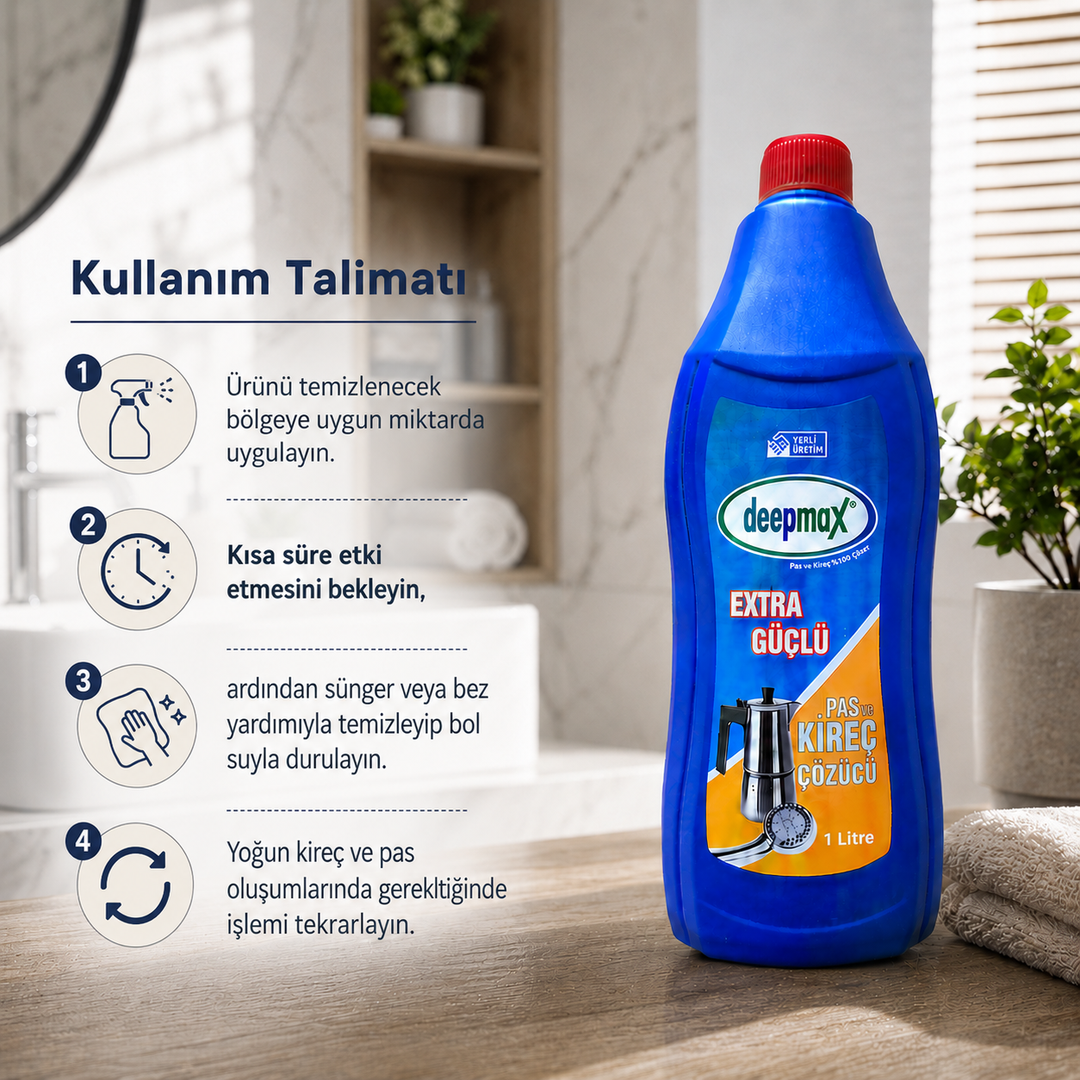 DEEPMAX EXTRA GÜÇLÜ PAS VE KİREÇ ÇÖZÜCÜ 1 L – ZORLU KİREÇ VE PAS KALINTILARINA KARŞI GÜÇLÜ TEMİZLİK