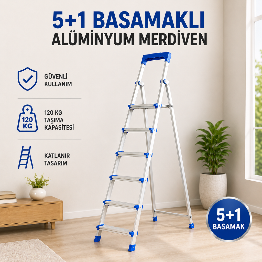 Perilla Alüminyum Katlanır Ev Tipi Merdiven 4+1, 5+1, 6+1 ve 7+1 Basamak Seçenekli