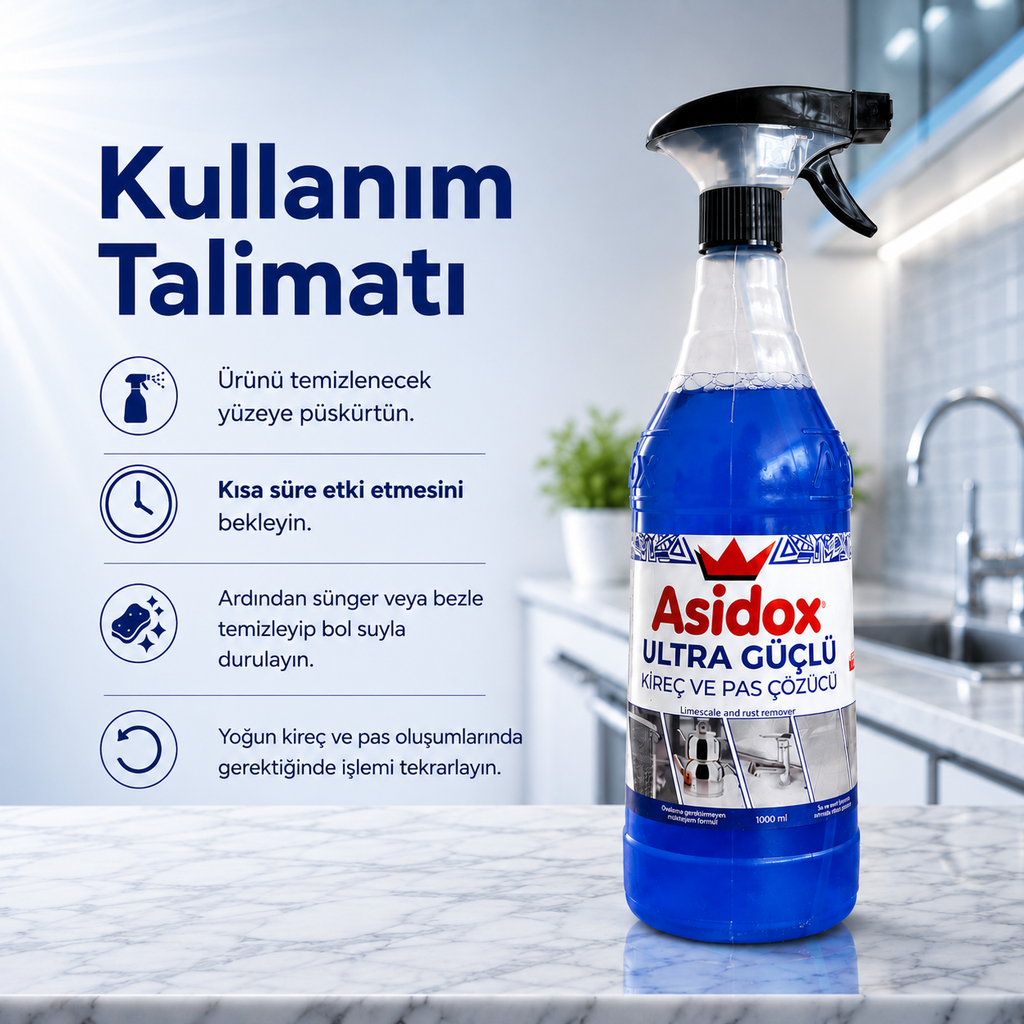 ASİDOX ULTRA GÜÇLÜ OVALAMA GEREKTİRMEYEN KİREÇ VE PAS ÇÖZÜCÜ-1000ml