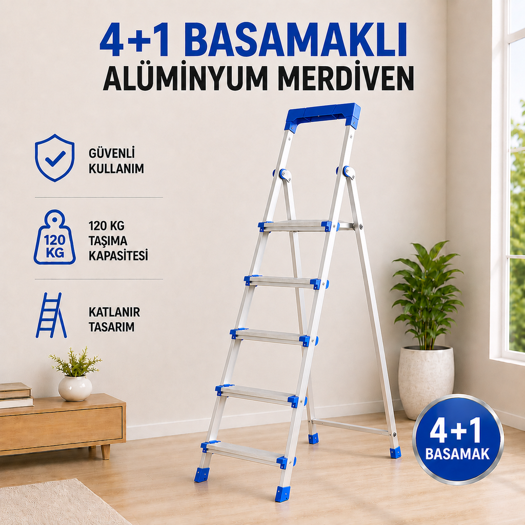Perilla Alüminyum Katlanır Ev Tipi Merdiven 4+1, 5+1, 6+1 ve 7+1 Basamak Seçenekli