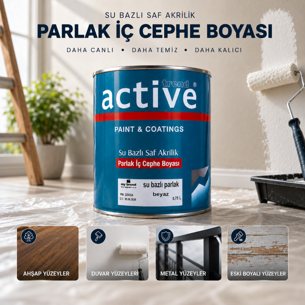 Ahşap, Duvar ve Metal Yüzeyler İçin Boya – Active Trend Su Bazlı Saf Akrilik, Mat & Parlak Seçenekli
